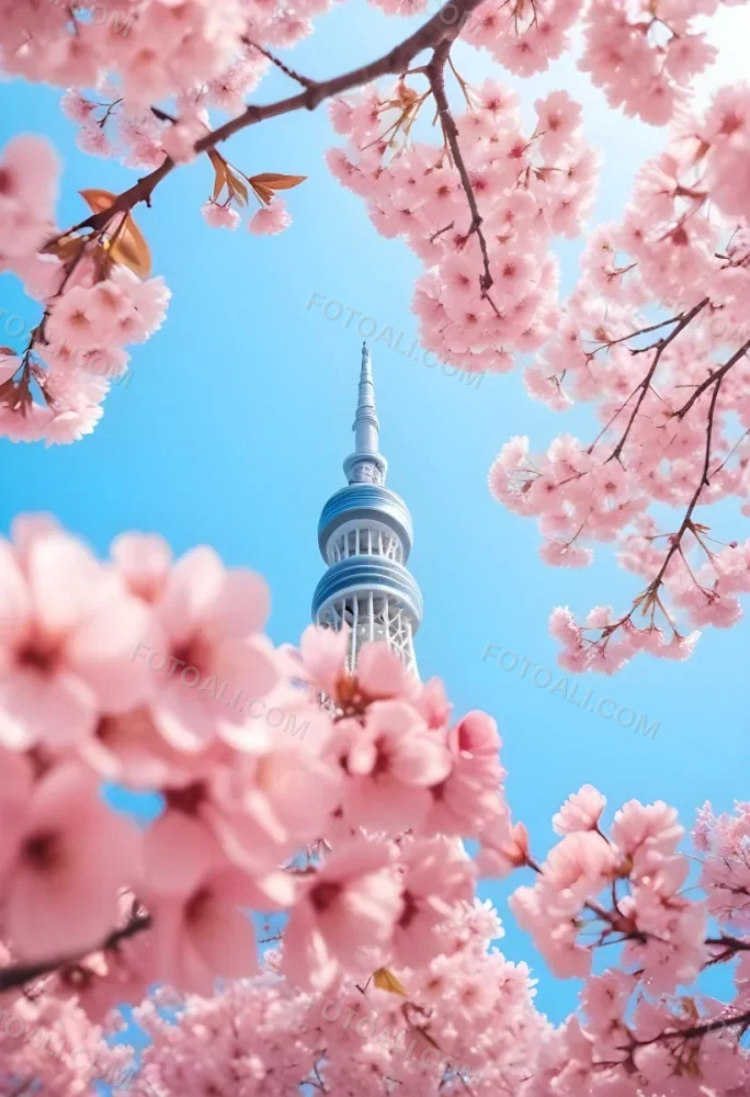 Minimal Soft Studio Light Photography Tokyo Skytree With Cherry Blossoms In A Blue Sky High Detail Solid Bold Color Background 33 3f56