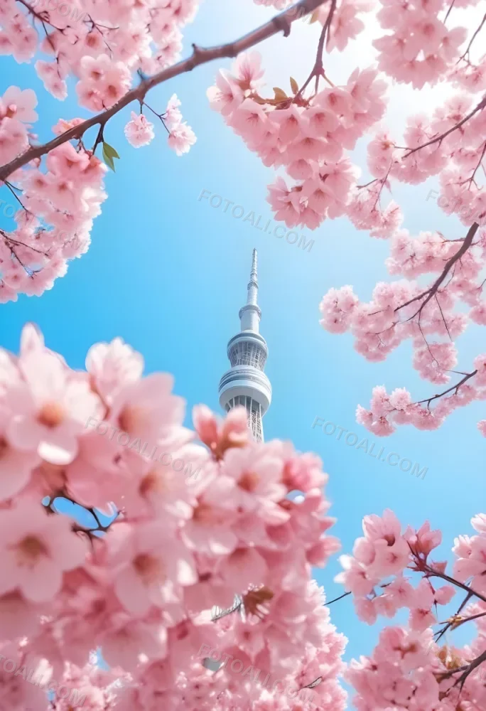 Minimal Soft Studio Light Photography Tokyo Skytree With Cherry Blossoms In A Blue Sky High Detail Solid Bold Color Background 34 D888