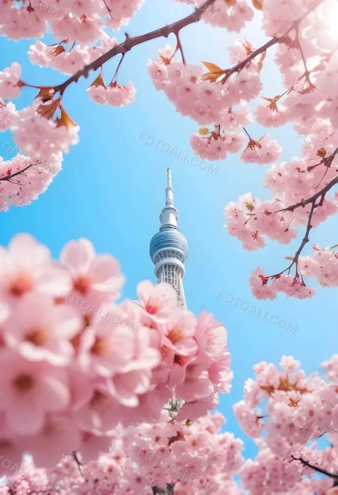 Minimal Soft Studio Light Photography Tokyo Skytree With Cherry Blossoms In A Blue Sky High Detail Solid Bold Color Background 38 9194