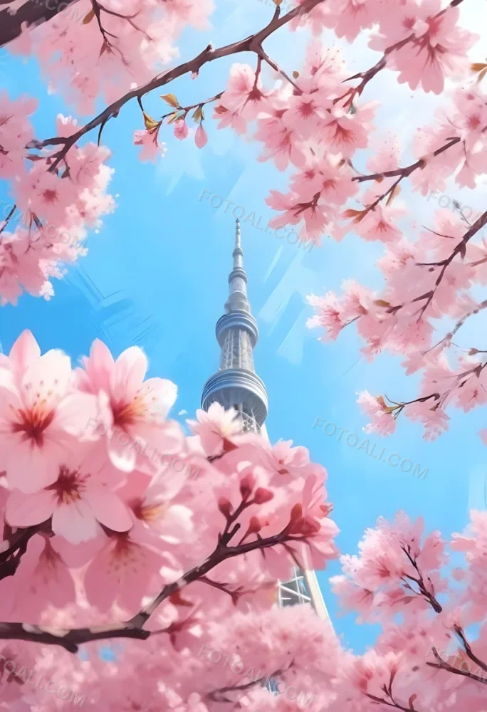 Minimal Soft Studio Light Photography Tokyo Skytree With Cherry Blossoms In A Blue Sky High Detail Solid Bold Color Background 5 7486