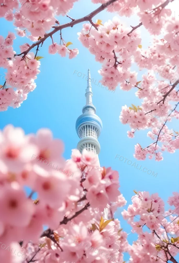 Minimal Soft Studio Light Photography Tokyo Skytree With Cherry Blossoms In A Blue Sky High Detail Solid Bold Color Background 8 559d