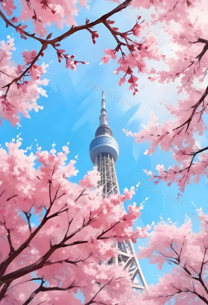 Minimal Soft Studio Light Photography Tokyo Skytree With Cherry Blossoms In A Blue Sky High Detail Solid Bold Color Background 9 145f
