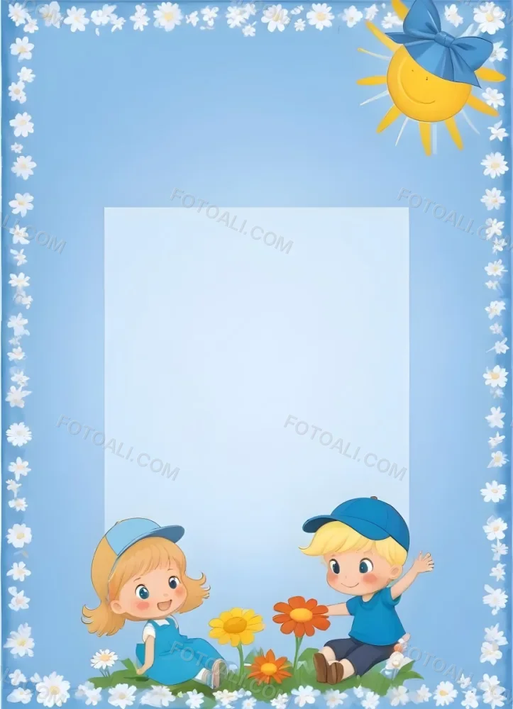 Minimal Soft Studio Light Photography Two Cartoon Children A Girl With Light Brown Hair And A Blue Bow And A Boy With Blonde Hair Wearing A Blue Cap Are Sitting At The Bottom Of A Light Blue Frame They Are Surrounded 1 62b4