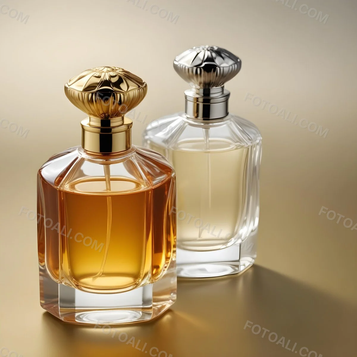 Minimal Soft Studio Light Photography Two Perfume Bottles One With A Golden Cap And The Other With A Silver Cap On A Silver Background High Detail Solid Bold Color Background 3 4ec4
