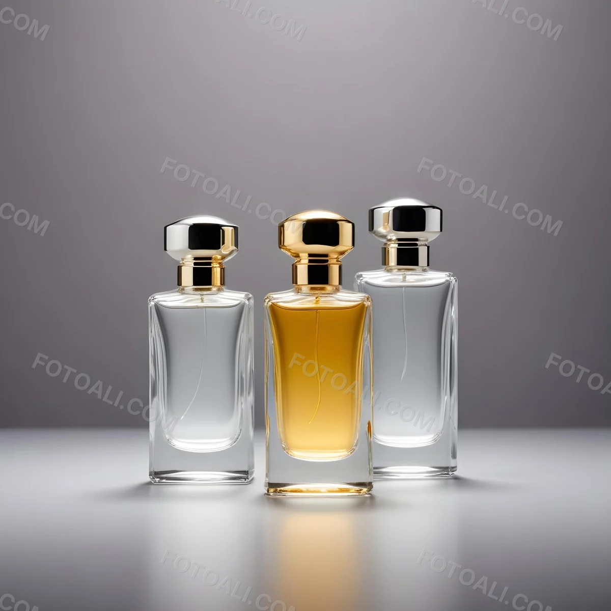 Minimal Soft Studio Light Photography Two Perfume Bottles One With A Golden Cap And The Other With A Silver Cap On A Silver Background High Detail Solid Bold Color Background 31 13fb