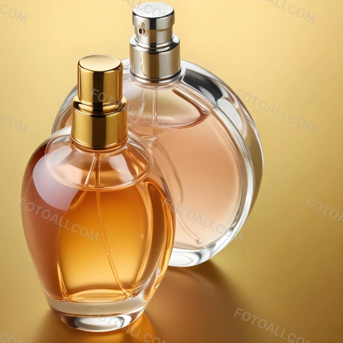 Minimal Soft Studio Light Photography Two Perfume Bottles One With A Golden Cap And The Other With A Silver Cap On A Silver Background High Detail Solid Bold Color Background 61 14ff