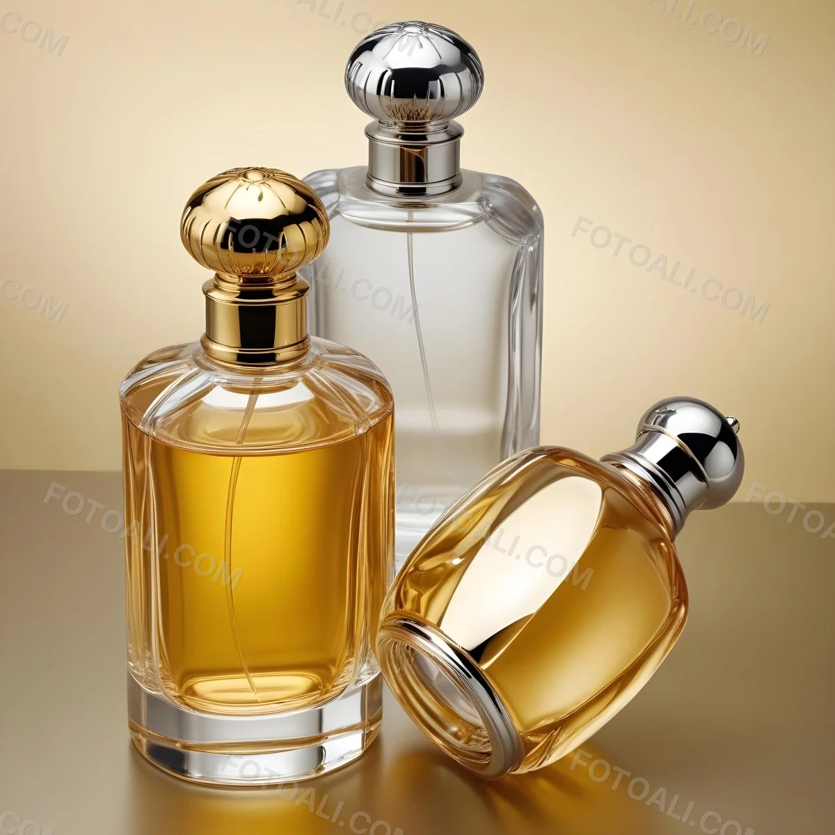 Minimal Soft Studio Light Photography Two Perfume Bottles One With A Golden Cap And The Other With A Silver Cap On A Silver Background High Detail Solid Bold Color Background 7 371b
