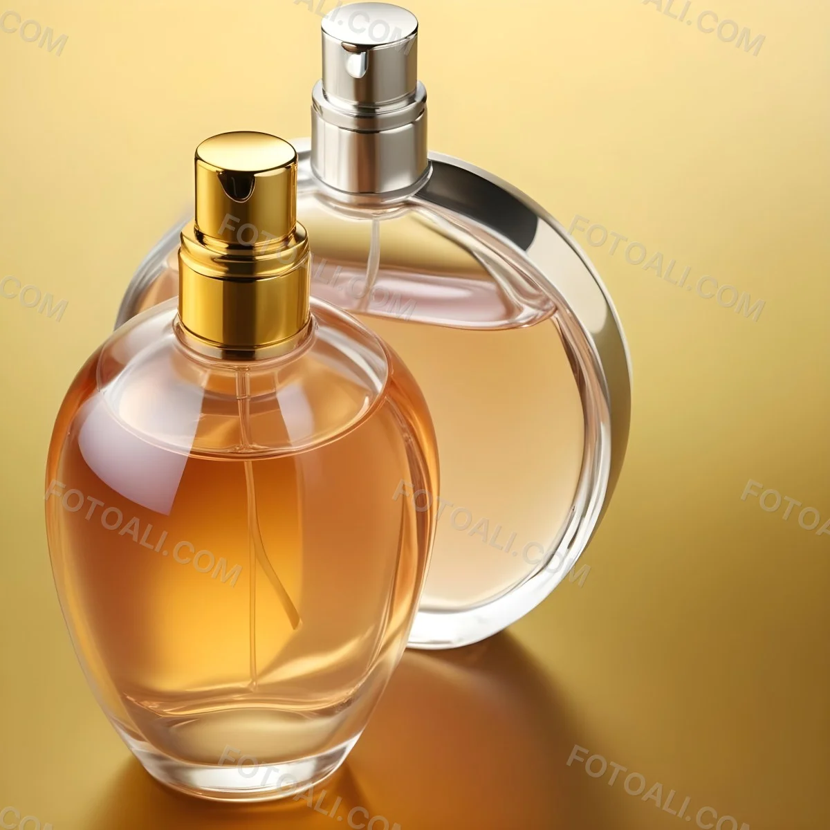 Minimal Soft Studio Light Photography Two Perfume Bottles One With A Golden Cap And The Other With A Silver Cap On A Silver Background High Detail Solid Bold Color Background 71 Bc04