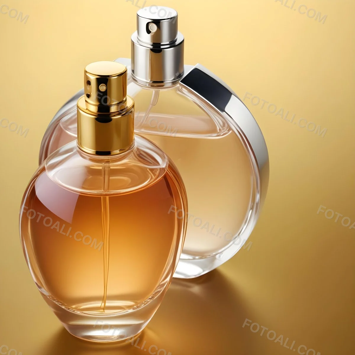 Minimal Soft Studio Light Photography Two Perfume Bottles One With A Golden Cap And The Other With A Silver Cap On A Silver Background High Detail Solid Bold Color Background 73 D6e9