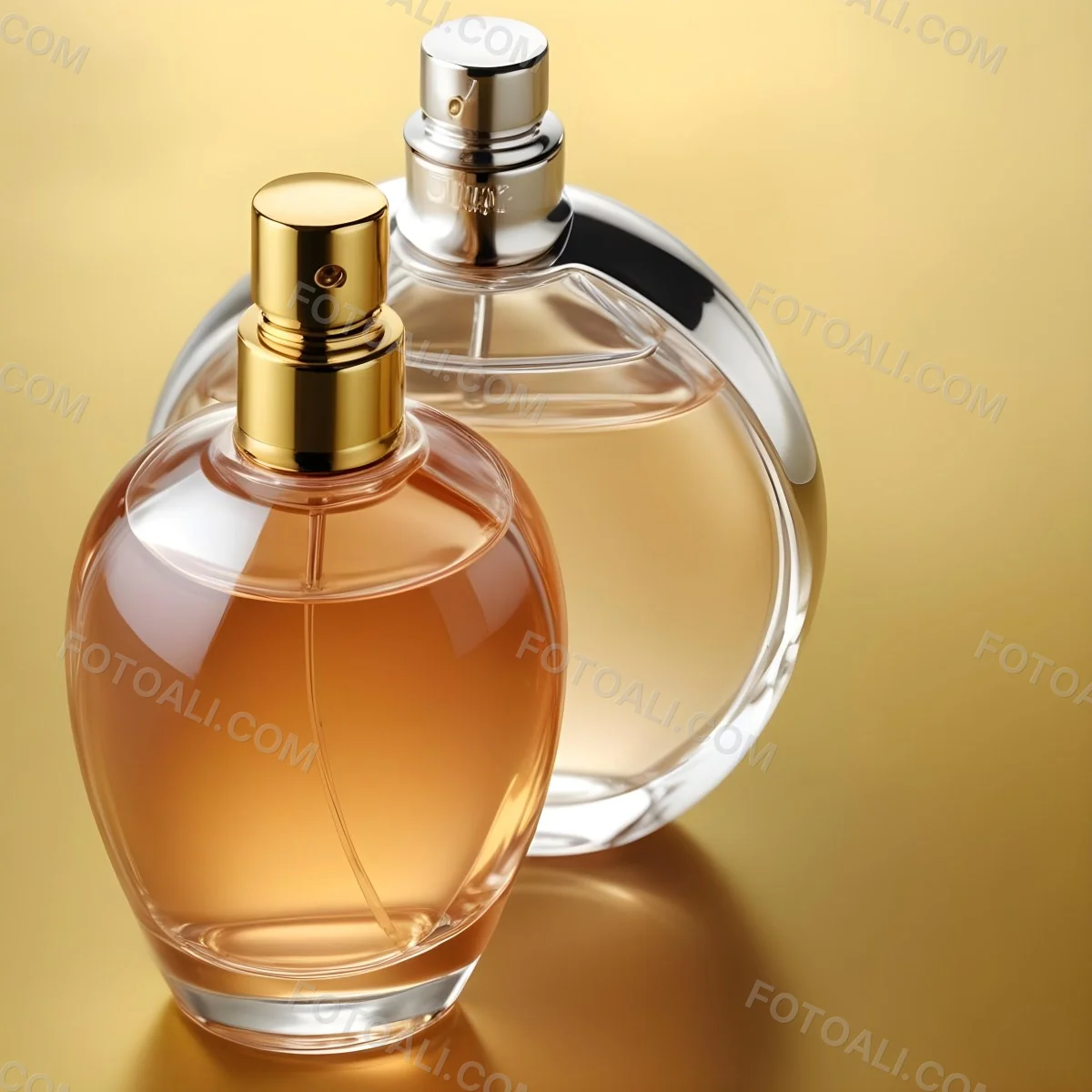 Minimal Soft Studio Light Photography Two Perfume Bottles One With A Golden Cap And The Other With A Silver Cap On A Silver Background High Detail Solid Bold Color Background 74 5ef3