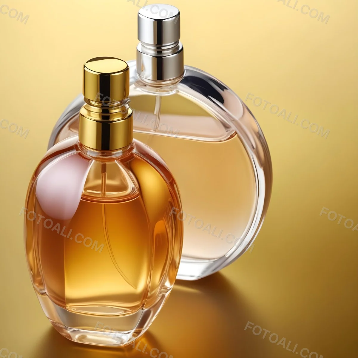 Minimal Soft Studio Light Photography Two Perfume Bottles One With A Golden Cap And The Other With A Silver Cap On A Silver Background High Detail Solid Bold Color Background 75 9f47