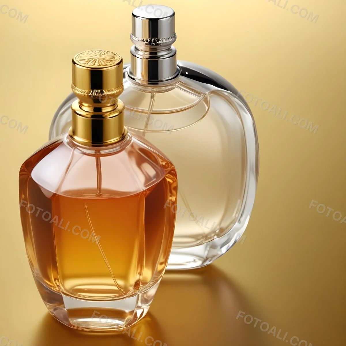 Minimal Soft Studio Light Photography Two Perfume Bottles One With A Golden Cap And The Other With A Silver Cap On A Silver Background High Detail Solid Bold Color Background 76 7cda