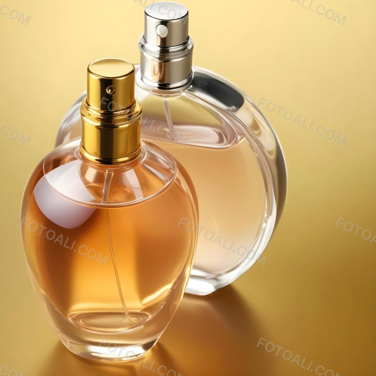 Minimal Soft Studio Light Photography Two Perfume Bottles One With A Golden Cap And The Other With A Silver Cap On A Silver Background High Detail Solid Bold Color Background 77 91f0