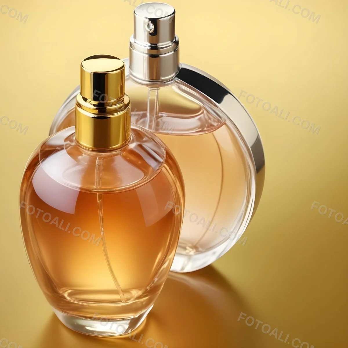 Minimal Soft Studio Light Photography Two Perfume Bottles One With A Golden Cap And The Other With A Silver Cap On A Silver Background High Detail Solid Bold Color Background 79 29d3