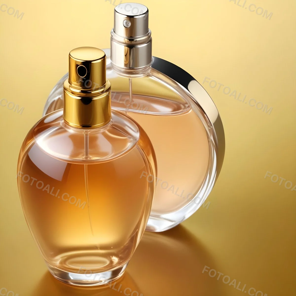 Minimal Soft Studio Light Photography Two Perfume Bottles One With A Golden Cap And The Other With A Silver Cap On A Silver Background High Detail Solid Bold Color Background 8 8a3d