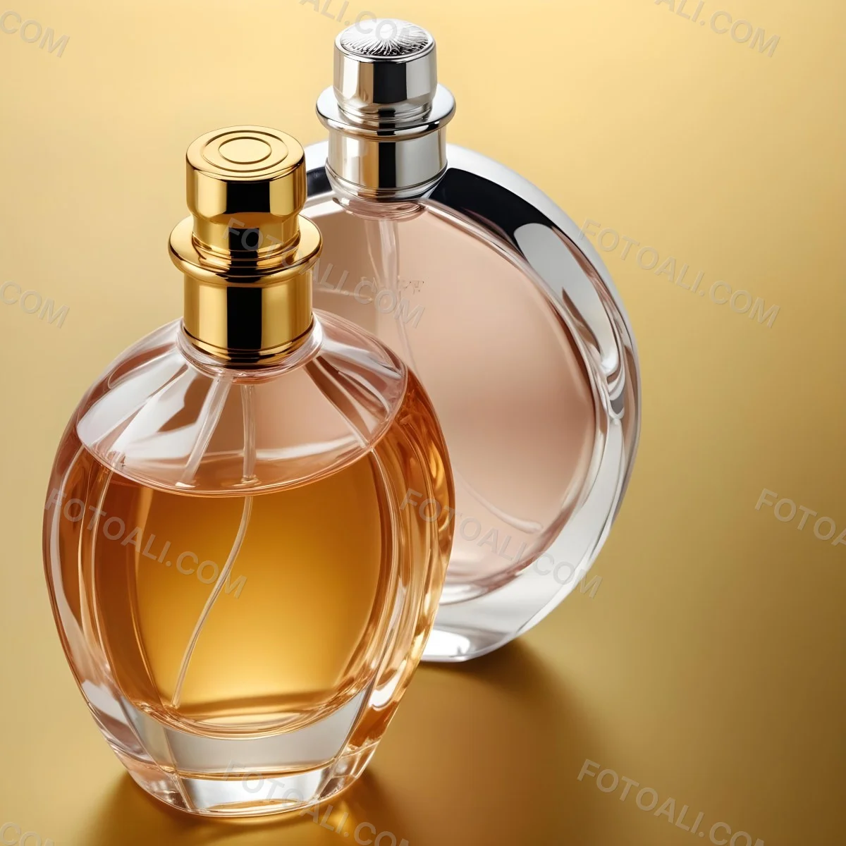 Minimal Soft Studio Light Photography Two Perfume Bottles One With A Golden Cap And The Other With A Silver Cap On A Silver Background High Detail Solid Bold Color Background 80 3975