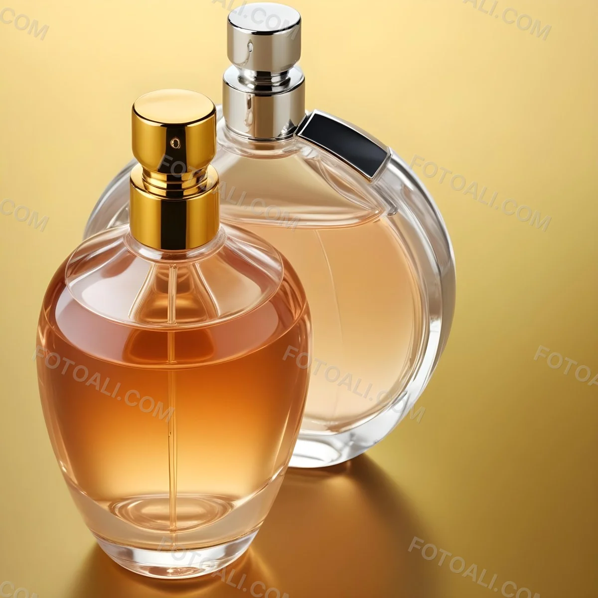 Minimal Soft Studio Light Photography Two Perfume Bottles One With A Golden Cap And The Other With A Silver Cap On A Silver Background High Detail Solid Bold Color Background 9 0a4e