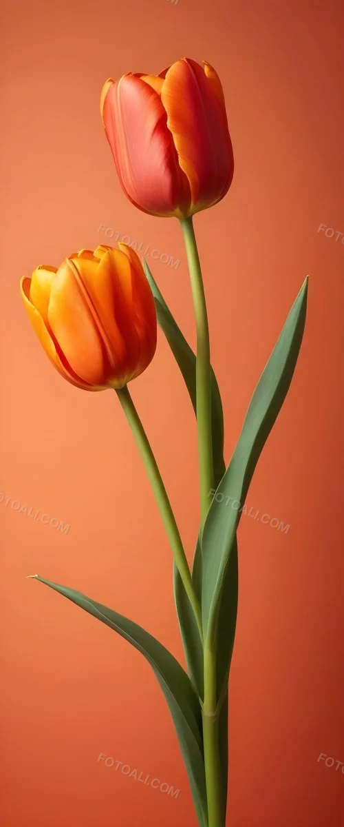 Minimal Soft Studio Light Photography Two Tulips One Red And One Orange Against A Orange Background High Detail Solid Bold Color Background 24 Fe11