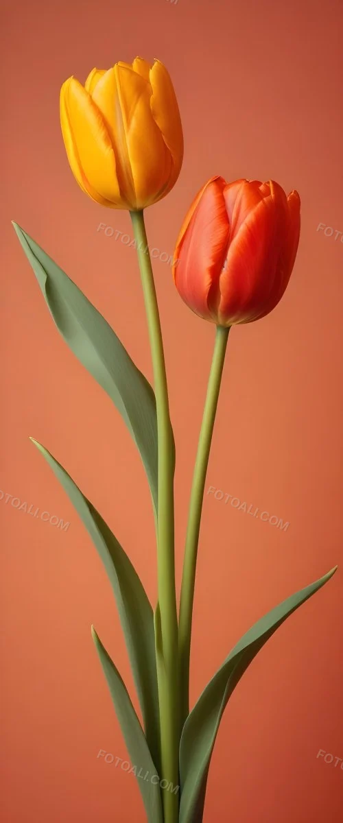 Minimal Soft Studio Light Photography Two Tulips One Red And One Orange Against A Orange Background High Detail Solid Bold Color Background 25 86ba