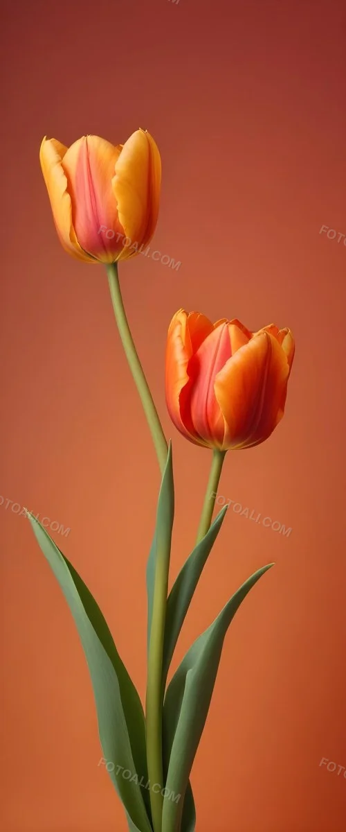 Minimal Soft Studio Light Photography Two Tulips One Red And One Orange Against A Orange Background High Detail Solid Bold Color Background 26 9f09