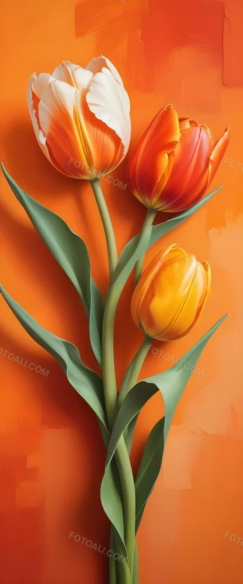 Minimal Soft Studio Light Photography Two Tulips One Red And One Orange Against A Orange Background High Detail Solid Bold Color Background 3 F88c