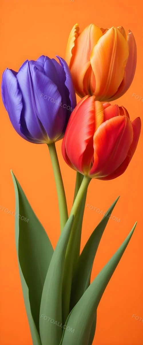 Minimal Soft Studio Light Photography Two Tulips One Red And One Orange Against A Orange Background High Detail Solid Bold Color Background 30 5d1d
