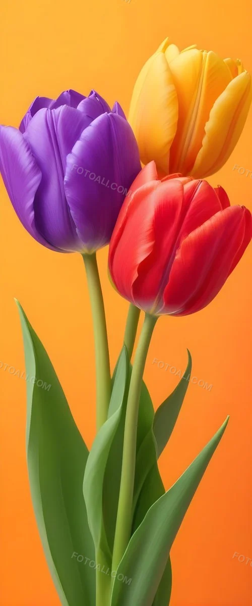 Minimal Soft Studio Light Photography Two Tulips One Red And One Orange Against A Orange Background High Detail Solid Bold Color Background 38 6f00