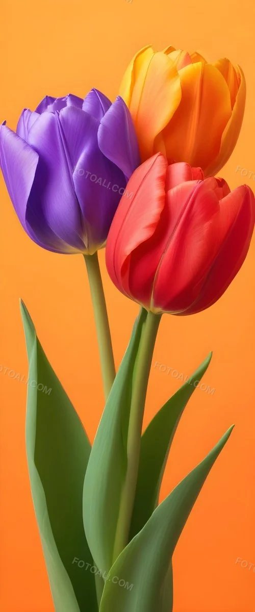 Minimal Soft Studio Light Photography Two Tulips One Red And One Orange Against A Orange Background High Detail Solid Bold Color Background 40 E489