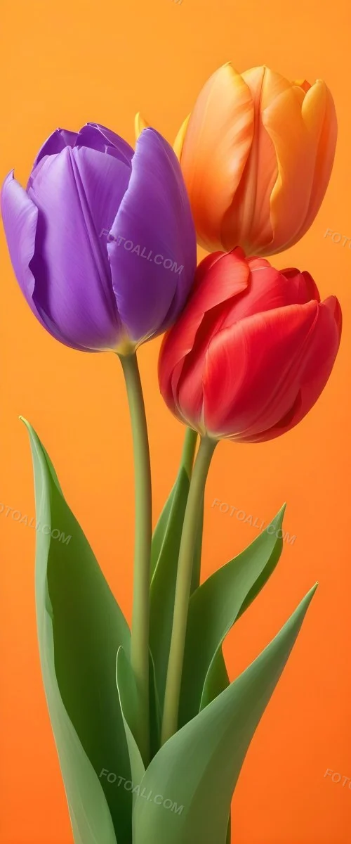 Minimal Soft Studio Light Photography Two Tulips One Red And One Orange Against A Orange Background High Detail Solid Bold Color Background 42 1c6c