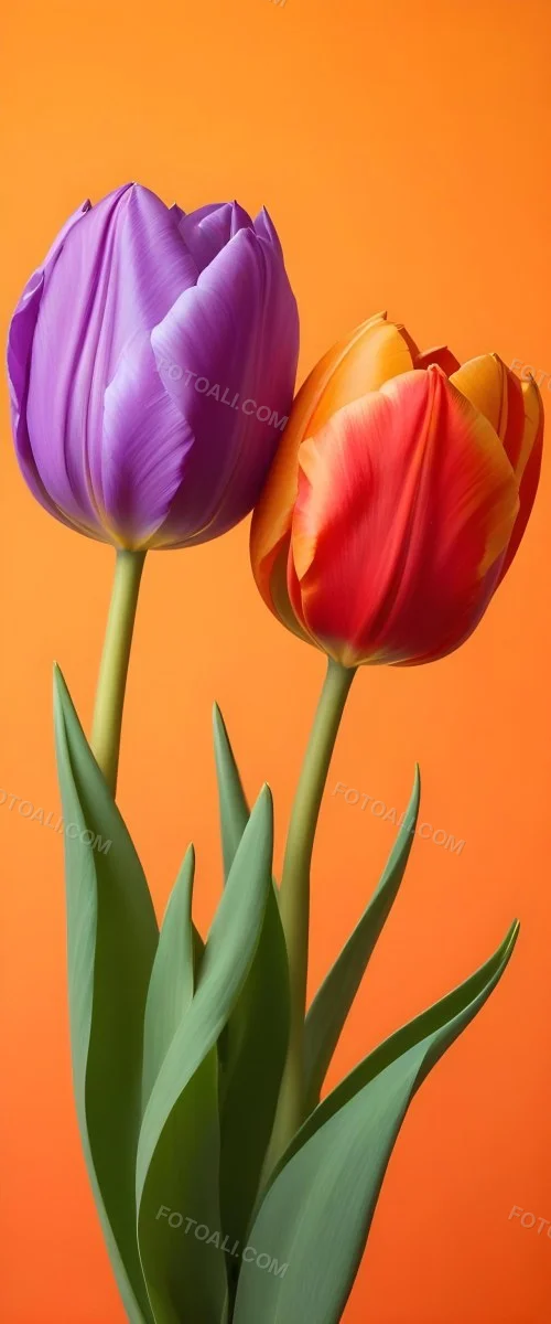 Minimal Soft Studio Light Photography Two Tulips One Red And One Orange Against A Orange Background High Detail Solid Bold Color Background 43 312a