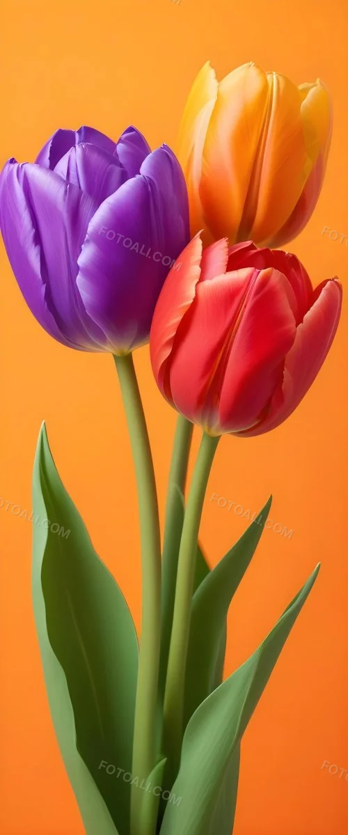 Minimal Soft Studio Light Photography Two Tulips One Red And One Orange Against A Orange Background High Detail Solid Bold Color Background 7 B17a