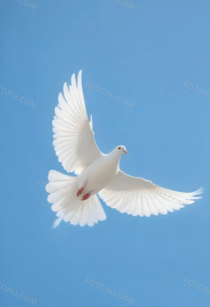 Minimal Soft Studio Light Photography White Dove In Flight Against A Clear Blue Sky Wings Spread Wide With Detailed Feather Patterns High Detail Solid Bold Color Background 7 A422