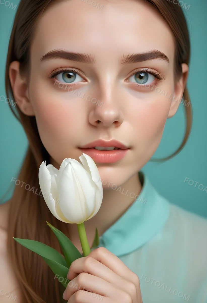 Minimal Soft Studio Light Photography Young Woman With Fair Skin And Long Light Brown Hair Around 20 Years Old Holding A White Tulip Close To Her Face She Has Striking Brown Eyes And A Natural Makeup Look With A So 3 F571