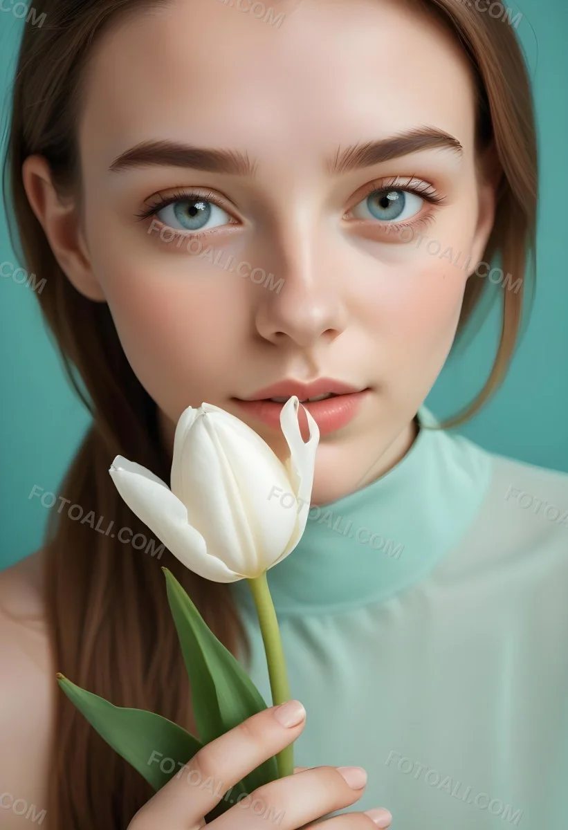 Minimal Soft Studio Light Photography Young Woman With Fair Skin And Long Light Brown Hair Around 20 Years Old Holding A White Tulip Close To Her Face She Has Striking Brown Eyes And A Natural Makeup Look With A So 4 0447