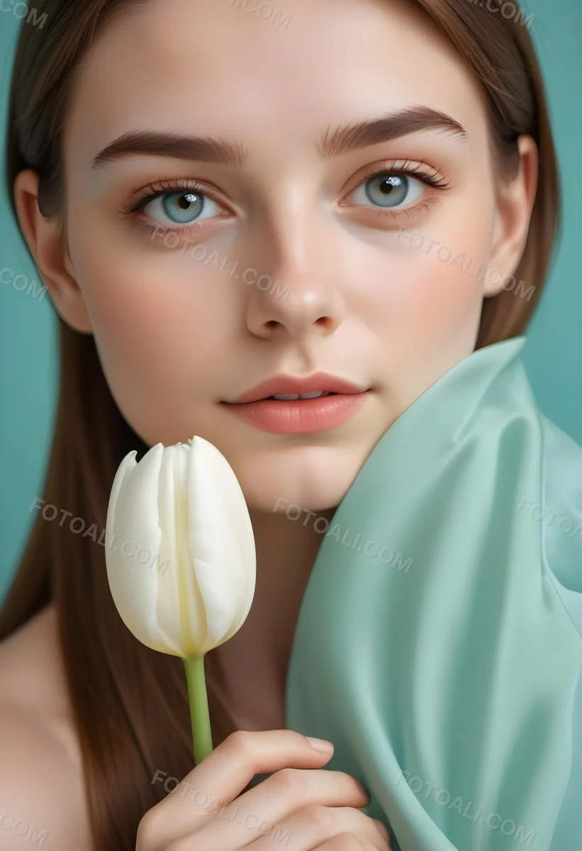 Minimal Soft Studio Light Photography Young Woman With Fair Skin And Long Light Brown Hair Around 20 Years Old Holding A White Tulip Close To Her Face She Has Striking Brown Eyes And A Natural Makeup Look With A So 5 602c