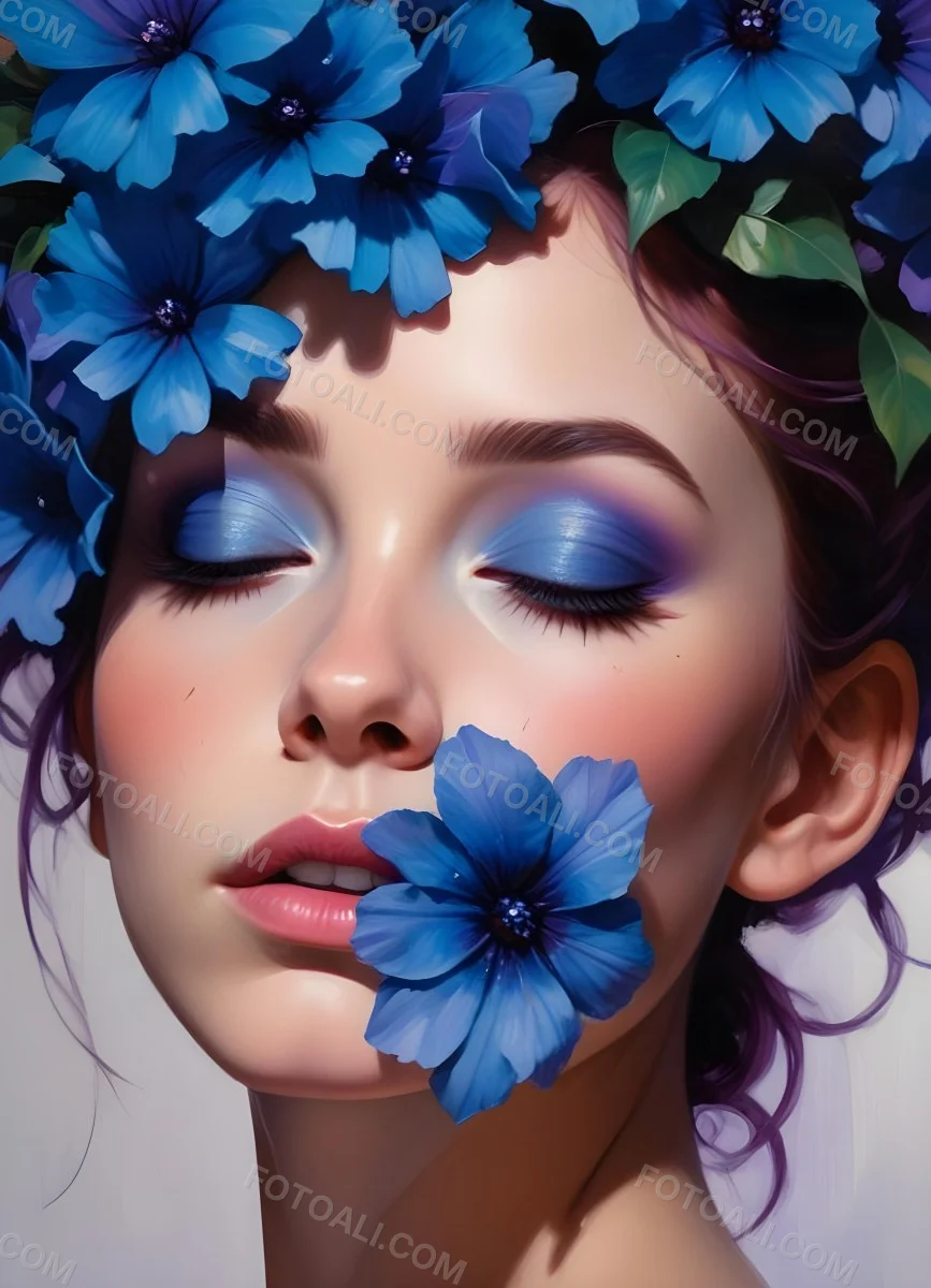 Minimal Soft Studio Light Photography Young Woman With Fair Skin And Purple Hair Wearing Vibrant Blue Eyeshadow And Purple Accents She Has Her Eyes Closed And A Large Blue Flower Partially Covering Her Face Surrounded 22 136c
