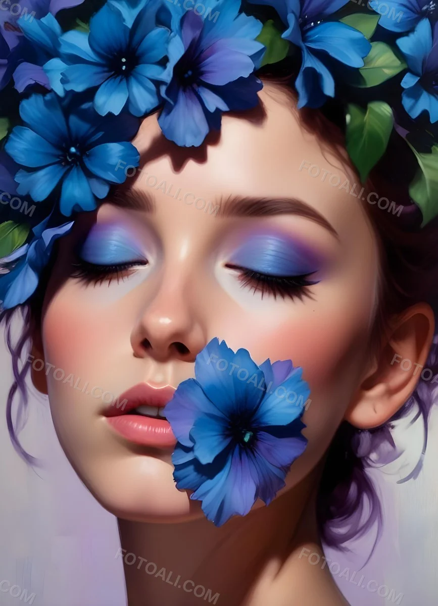 Minimal Soft Studio Light Photography Young Woman With Fair Skin And Purple Hair Wearing Vibrant Blue Eyeshadow And Purple Accents She Has Her Eyes Closed And A Large Blue Flower Partially Covering Her Face Surrounded 23 3a44