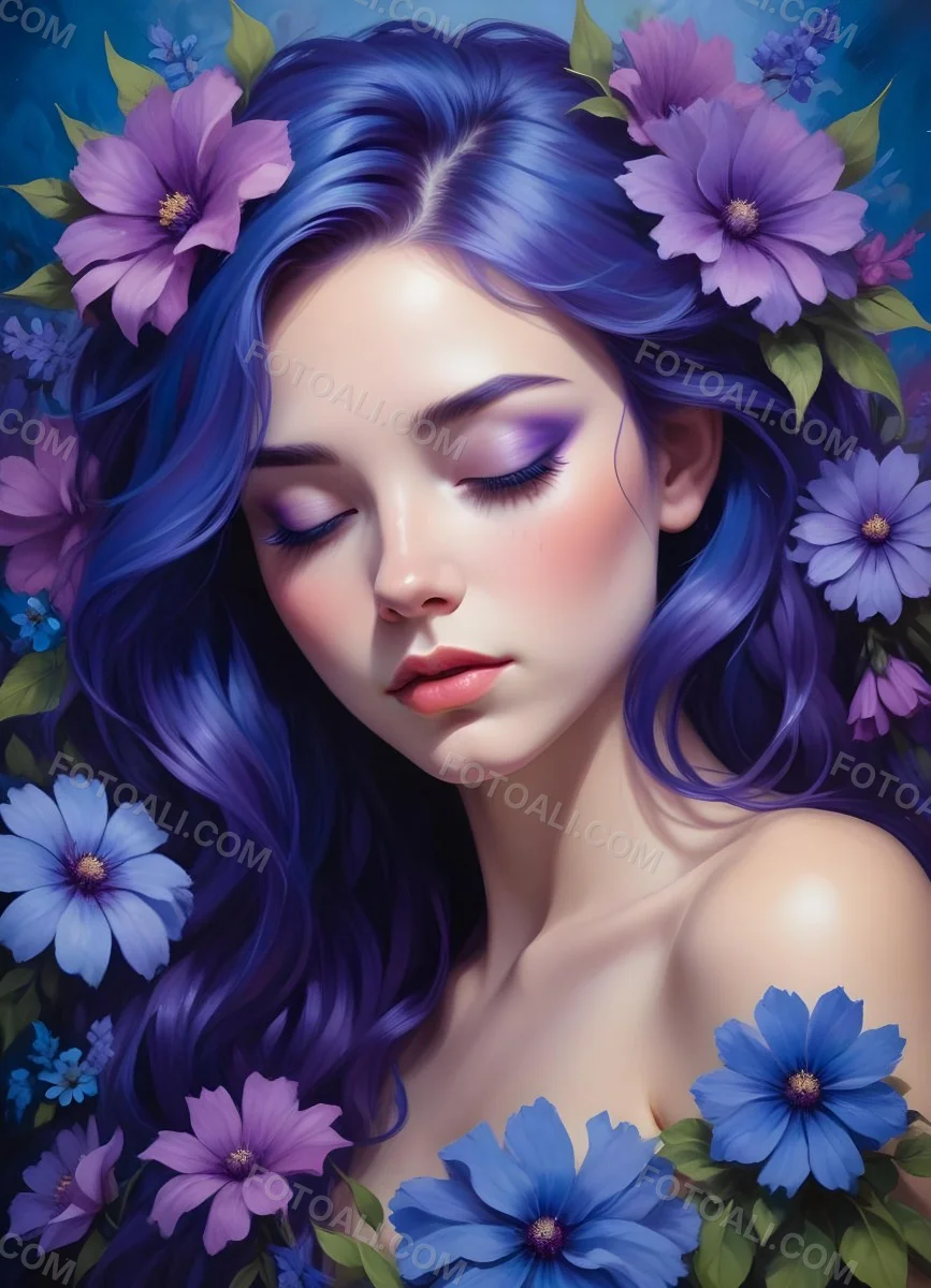 Minimal Soft Studio Light Photography Young Woman With Fair Skin And Purple Hair Wearing Vibrant Blue Eyeshadow And Purple Accents She Has Her Eyes Closed And A Large Blue Flower Partially Covering Her Face Surrounded 3 44f5