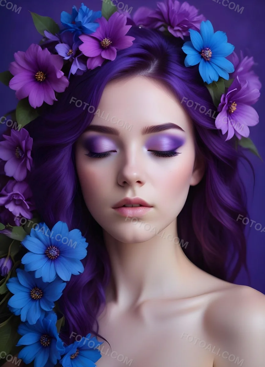Minimal Soft Studio Light Photography Young Woman With Fair Skin And Purple Hair Wearing Vibrant Blue Eyeshadow And Purple Accents She Has Her Eyes Closed And A Large Blue Flower Partially Covering Her Face Surrounded 36 A4f5