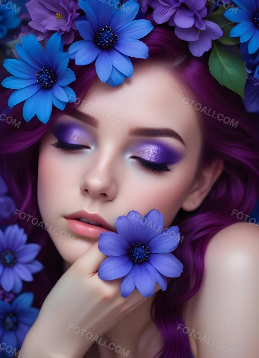 Minimal Soft Studio Light Photography Young Woman With Fair Skin And Purple Hair Wearing Vibrant Blue Eyeshadow And Purple Accents She Has Her Eyes Closed And A Large Blue Flower Partially Covering Her Face Surrounded 40 10d8