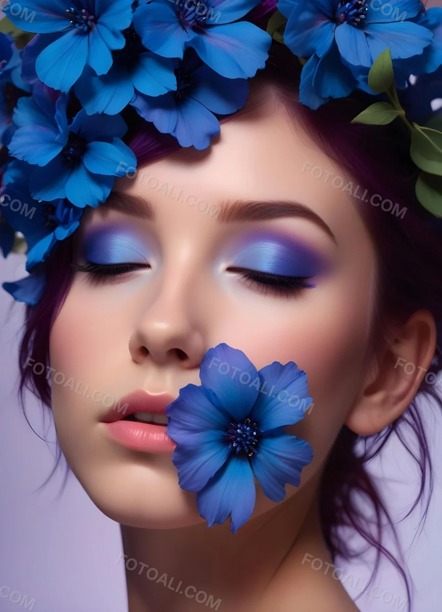 Minimal Soft Studio Light Photography Young Woman With Fair Skin And Purple Hair Wearing Vibrant Blue Eyeshadow And Purple Accents She Has Her Eyes Closed And A Large Blue Flower Partially Covering Her Face Surrounded 41 59a2