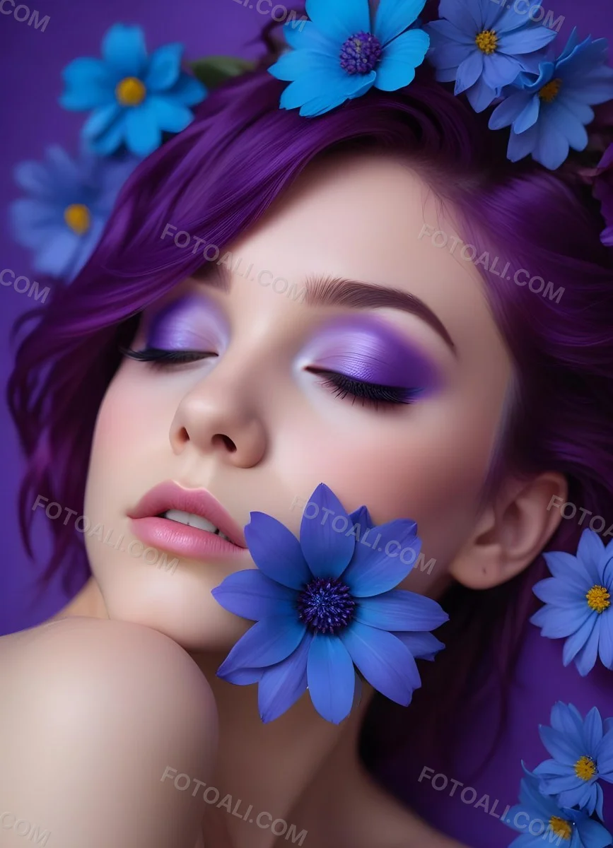 Minimal Soft Studio Light Photography Young Woman With Fair Skin And Purple Hair Wearing Vibrant Blue Eyeshadow And Purple Accents She Has Her Eyes Closed And A Large Blue Flower Partially Covering Her Face Surrounded 42 Ca4d