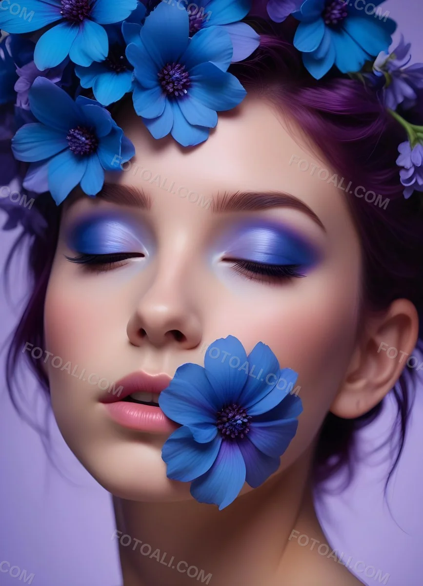 Minimal Soft Studio Light Photography Young Woman With Fair Skin And Purple Hair Wearing Vibrant Blue Eyeshadow And Purple Accents She Has Her Eyes Closed And A Large Blue Flower Partially Covering Her Face Surrounded 43 2882