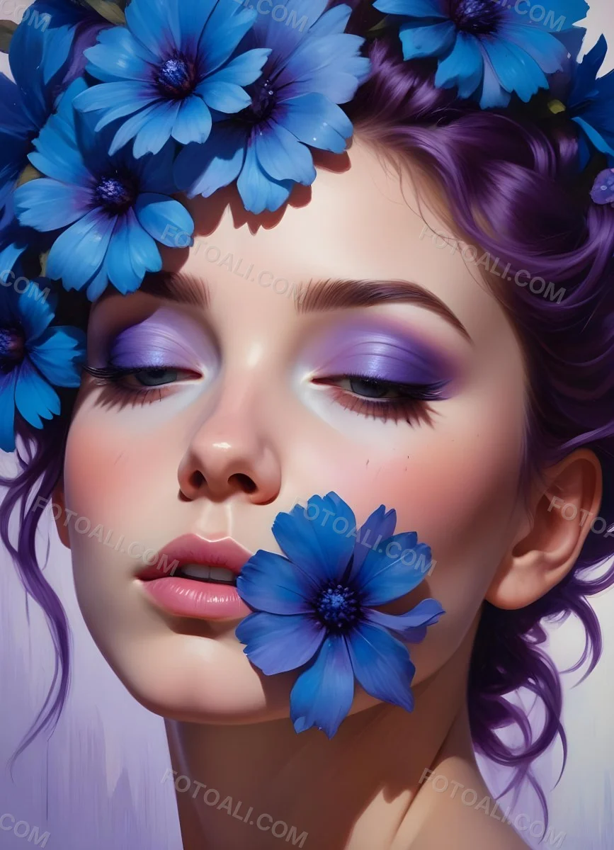 Minimal Soft Studio Light Photography Young Woman With Fair Skin And Purple Hair Wearing Vibrant Blue Eyeshadow And Purple Accents She Has Her Eyes Closed And A Large Blue Flower Partially Covering Her Face Surrounded 5 29c4