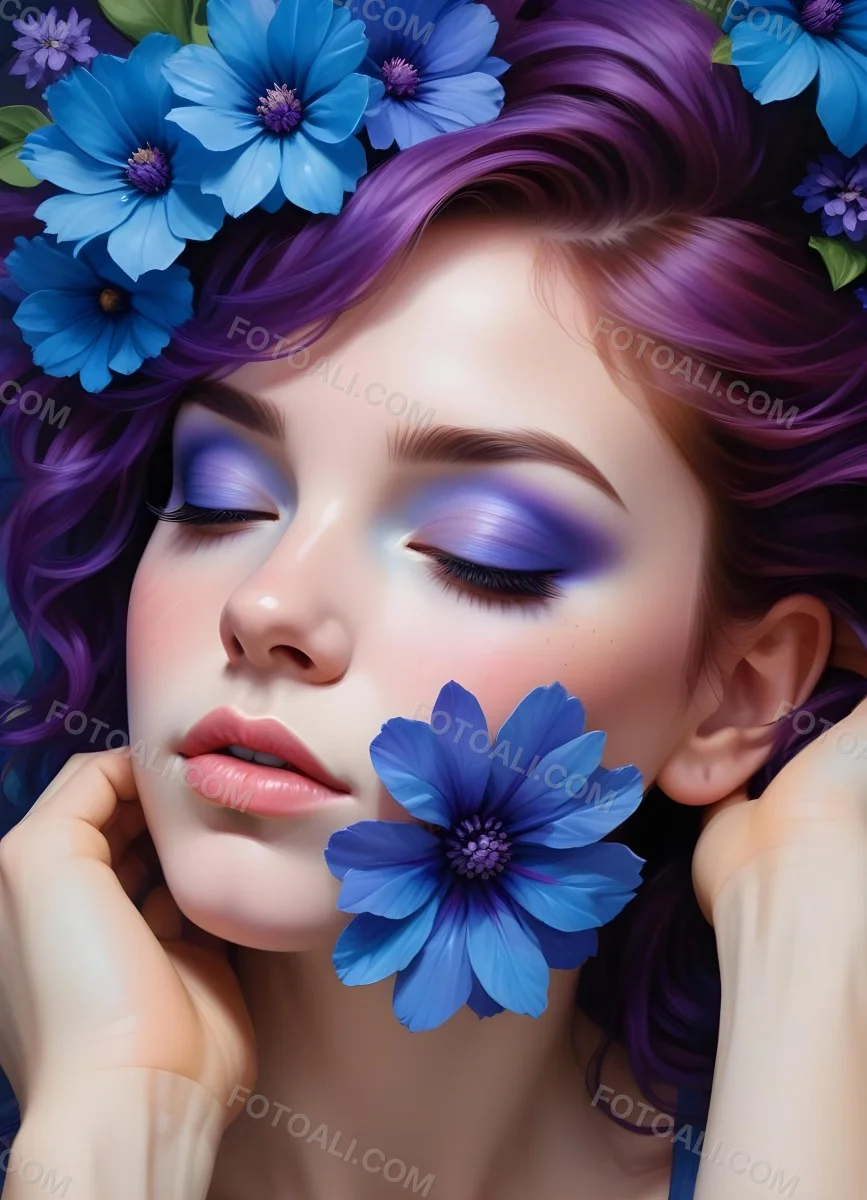Minimal Soft Studio Light Photography Young Woman With Fair Skin And Purple Hair Wearing Vibrant Blue Eyeshadow And Purple Accents She Has Her Eyes Closed And A Large Blue Flower Partially Covering Her Face Surrounded 6 3187