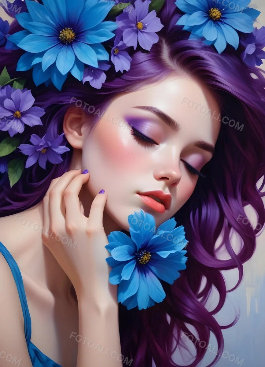 Minimal Soft Studio Light Photography Young Woman With Fair Skin And Purple Hair Wearing Vibrant Blue Eyeshadow And Purple Accents She Has Her Eyes Closed And A Large Blue Flower Partially Covering Her Face Surrounded 7 54ae