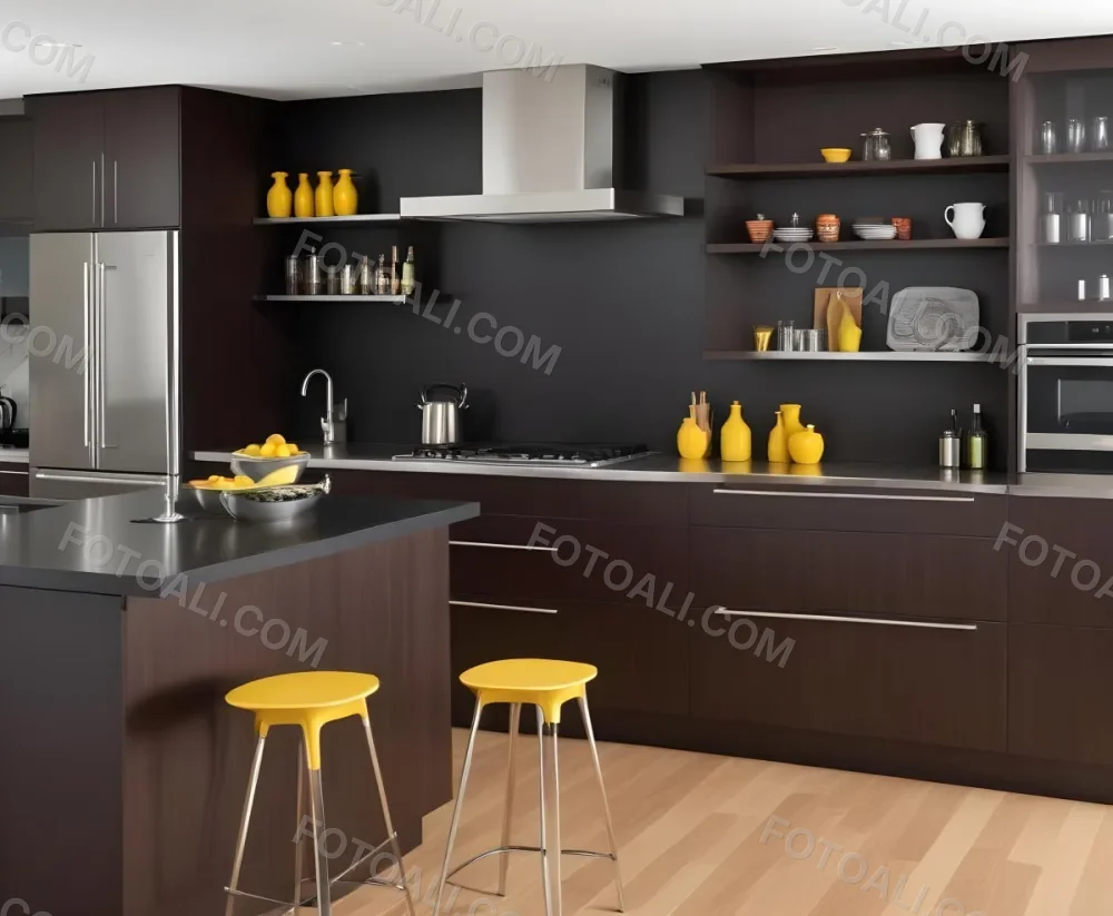 Modern Kitchen With Dark Wood Cabinetry Stainless Steel Appliances And A Sleek Countertop The Kitchen Features Open Shelves With Yellow Dishes Jars And Condiments Displayed A Hood Above The Stove And An Oven Are Integ 1 176d