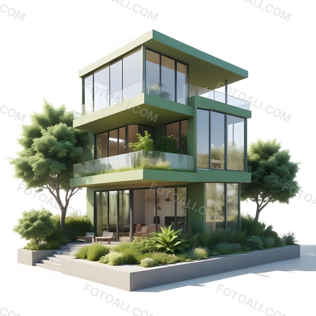 Modern Minimalist Green Three Story House With Large Windows And Green Roof Surrounded By Green Trees And Plants Bright Sunlight Clean Lines Open Floor Plan Outdoor Seating Area 27 99af