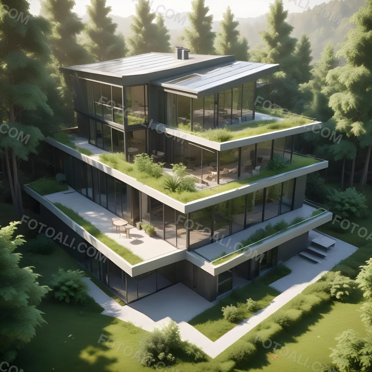 Modern Minimalist Green Three Story House With Large Windows And Green Roof Surrounded By Green Trees And Plants Bright Sunlight Clean Lines Open Floor Plan Outdoor Seating Area 30 7ad6