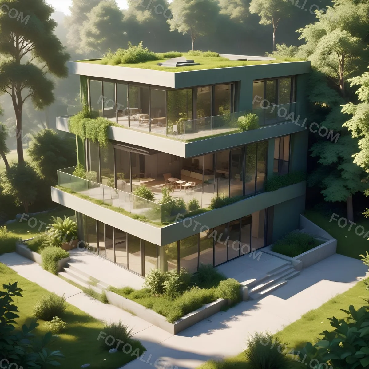 Modern Minimalist Green Three Story House With Large Windows And Green Roof Surrounded By Green Trees And Plants Bright Sunlight Clean Lines Open Floor Plan Outdoor Seating Area 39 73d4